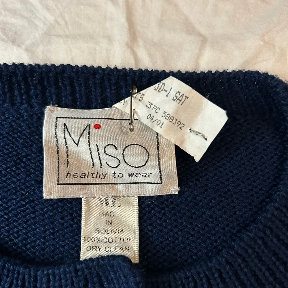 VINTAGE 90s MISO: Healthy to Wear Cotton Nautical Cardigan Sweater Navy M-L - Picture 4 of 9